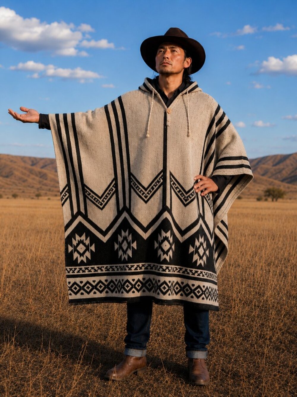Handwoven Native American Hooded Wool Poncho - 100% Highland Wool Pullover Coat
